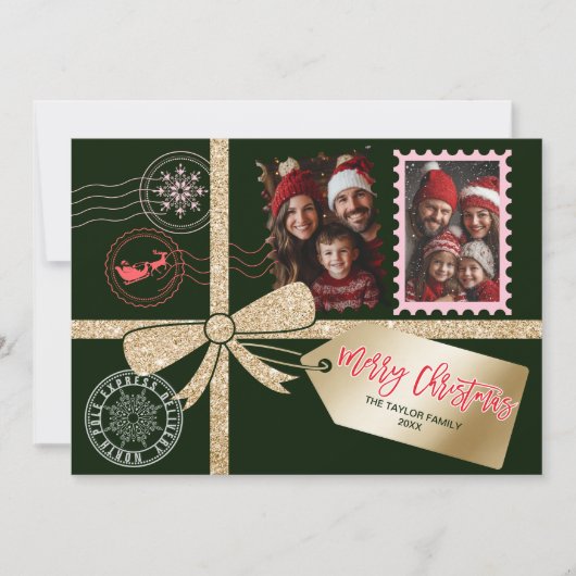 グリッターユニーク金ゴールドギフトボウフォトメリークリスマス シーズンカード (正面)