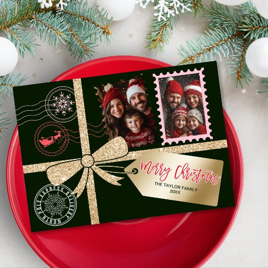 グリッターユニーク金ゴールドギフトボウフォトメリークリスマス シーズンカード