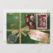 グリッターユニーク金ゴールドギフトボウフォトメリークリスマス シーズンカード (正面)