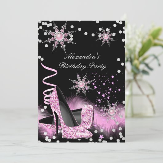 グリッターライトピンクハイヒール誕生日パーティー 招待状 (スタンド正面)