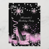 グリッターライトピンクハイヒール誕生日パーティー 招待状 (正面/裏面)