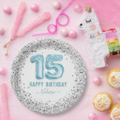 グリッターライトブルーハッピー15誕生日 ペーパープレート (パーティー)