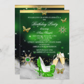 グリッターライムグリーンバタフライヒール金ゴールドシャンパン 招待状 (正面/裏面)