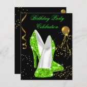 グリッターライムグリーン金ゴールドバースデーパーティー 招待状 (正面/裏面)