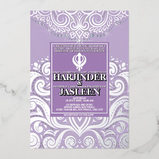 グリッターラベンダーシルバーシーク結婚アナンド 箔招待状 (正面)