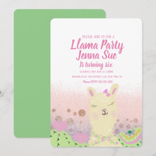 グリッターラマバースデーパーティードルカラフル 招待状 (正面/裏面)