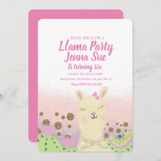 グリッターラマバースデーパーティードルカラフル 招待状 (正面/裏面)