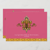 グリッタールックフェイク金ゴールドブラックフォーマル(紋章の)フラ・ダ・リ 招待状 (正面/裏面)