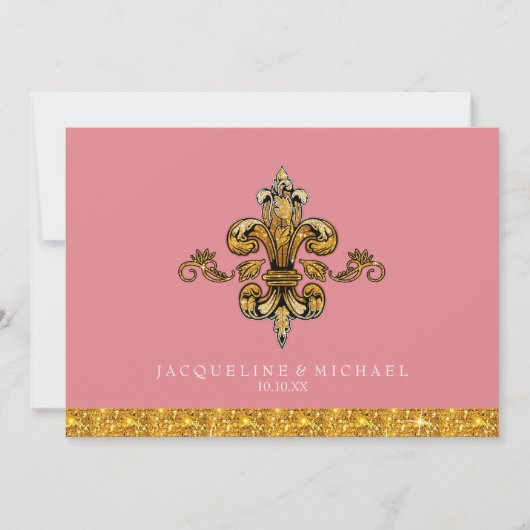 グリッタールックフェイク金ゴールドブラックフォーマル(紋章の)フラ・ダ・リ 招待状 (正面)