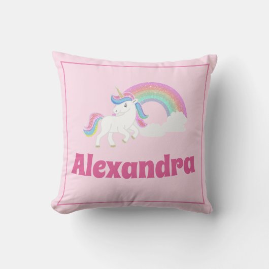 グリッターレインボーとユニコーン（ピンクに名前を付ける） クッション (正面)