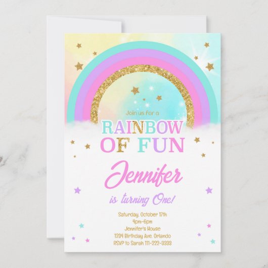 グリッターレインボースターズ誕生日招待状 招待状 (正面)