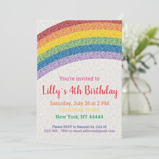 グリッターレインボーパーティの招待状レインボー誕生日 招待状 (スタンド正面)