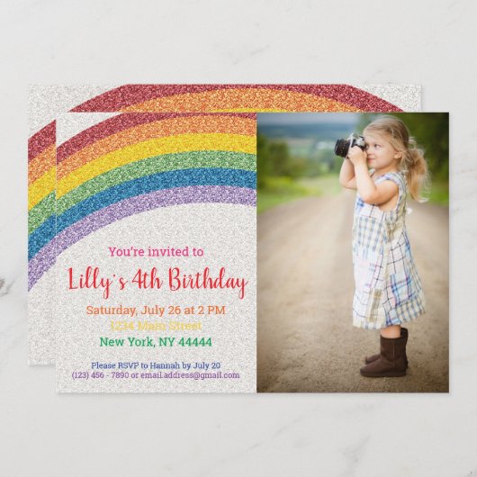 グリッターレインボーパーティー、誕生日写真 招待状 (正面/裏面)