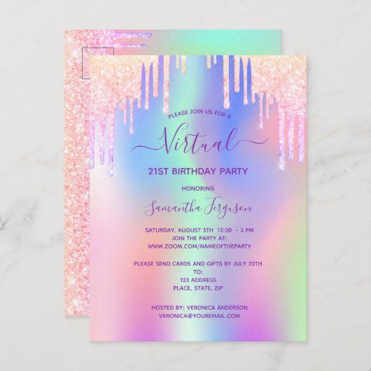 グリッターレインボーピンクのバーチャル誕生日の招待状 ポストカード (正面/裏面)