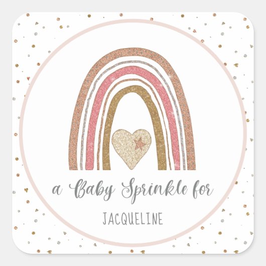 グリッターレインボーモダンピンク金ゴールドベビースプリンクル スクエアシール (正面)