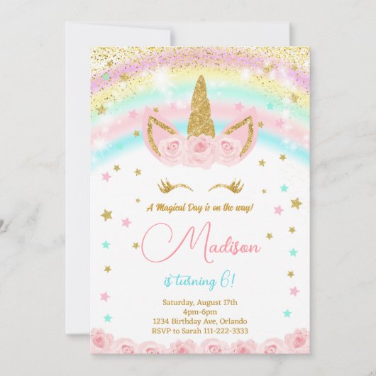 グリッターレインボーユニコーン子供の誕生日招待状 招待状 (正面)