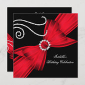 グリッターレッドダイヤモンドボウブラックバースデーパーティー3a 招待状 (正面/裏面)