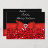 グリッターレッドダイヤモンドボウブラックバースデーパーティー 招待状 (正面/裏面)