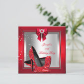 グリッターレッドハイヒールシューシルバーバースデーパーティー 招待状 (スタンド正面)