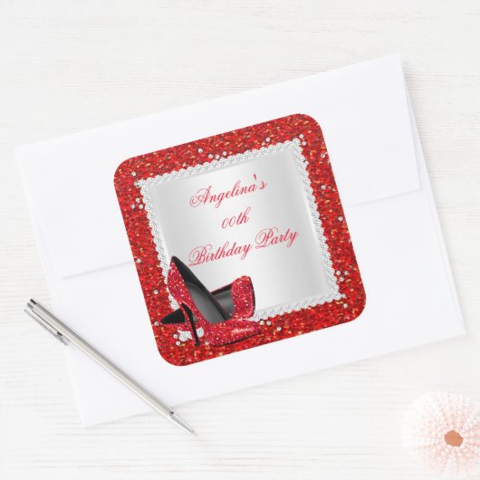 グリッターレッドハイヒールバースデーパーティーダイヤモンド スクエアシール (封筒)