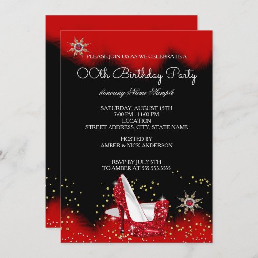 グリッターレッドハイヒールブラック金ゴールドスノーフレークパーティー 招待状 (正面/裏面)