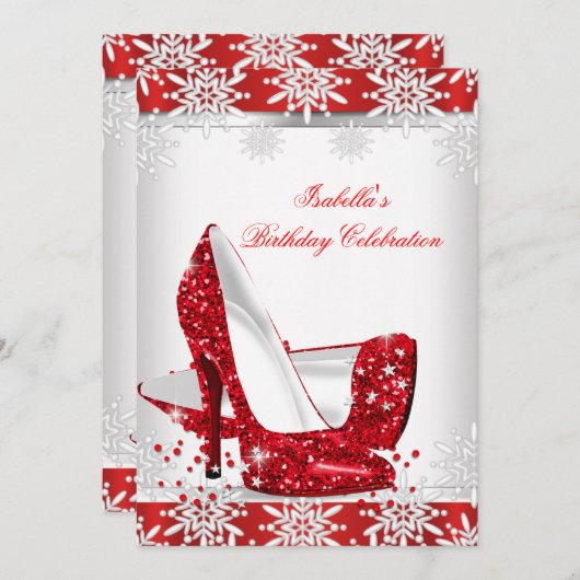 グリッターレッドハイヒールホワイトスノーフレーク誕生日 招待状 (正面/裏面)