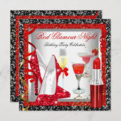 グリッターレッドブラックグラマーナイトカクテルパーティー 招待状 (正面/裏面)
