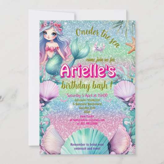 グリッターワンダーザシーマーメイド誕生日 招待状 (正面)