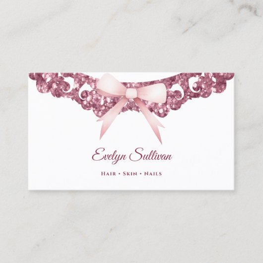 グリッターヴィンテージ枠ピンクボウ名刺 名刺 (正面)