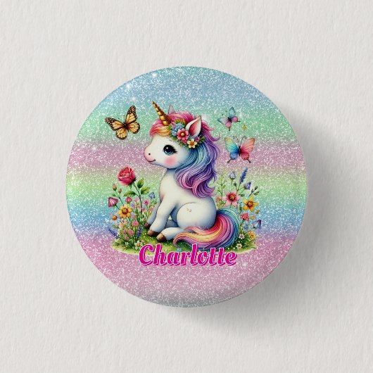 グリッター一角草花 缶バッジ (正面)