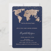 グリッター世界地図紙吹雪ネイビーブルーベビーシャワー 招待状 (正面)