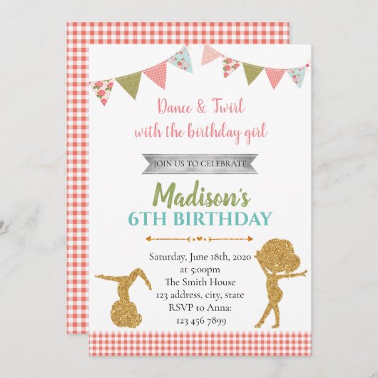 グリッター体操の誕生日パーティーの招待 招待状 (正面/裏面)