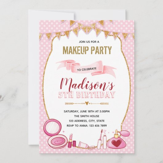 グリッター化粧誕生日パーティーの招待 招待状 (正面)