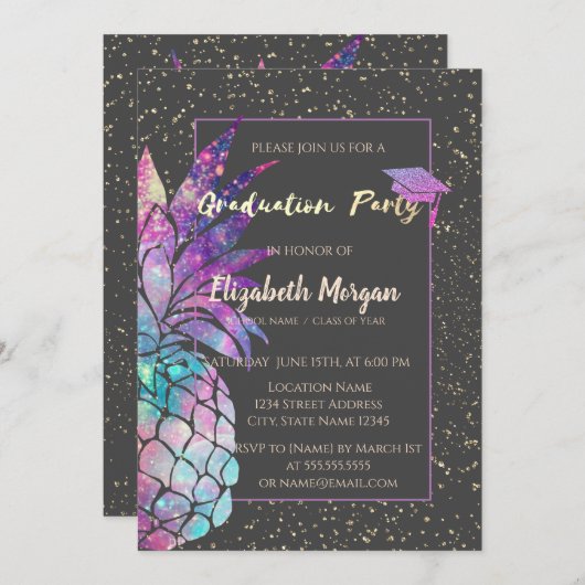 グリッター卒業キャップ、パイナップル、紙吹雪 招待状 (正面/裏面)