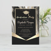 グリッター卒業キャップ、紙吹雪ブラック大理石 招待状 (スタンド正面)