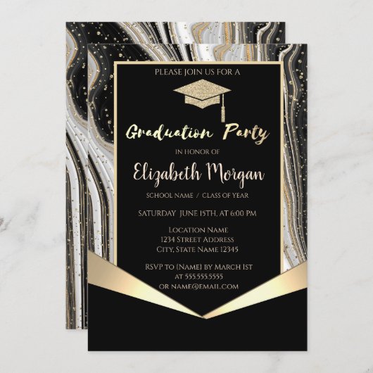 グリッター卒業キャップ、紙吹雪ブラック大理石 招待状 (正面/裏面)