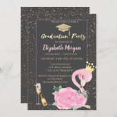 グリッター卒業キャップ、紙吹雪、ワイン、ピンクフラミンゴ 招待状 (正面/裏面)