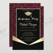 グリッター卒業帽, コンフェッティ ワインレッド 卒業 招待状 (正面/裏面)