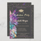 グリッター卒業帽、コンフェッティ、ワイン、パイナップル 招待状 (正面/裏面)