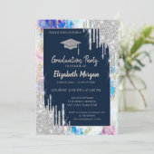 グリッター卒業帽、シルバー ドリップ、オパール、ネイビーブルー 招待状 (スタンド正面)