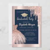 グリッター卒業帽（ラメ入りの卒業帽）,ローズゴールドのドリップ,ネイビーブルーのドレス 招待状 (正面)