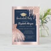 グリッター卒業帽（ラメ入りの卒業帽）,ローズゴールドのドリップ,ネイビーブルーのドレス 招待状 (スタンド正面)