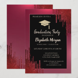 グリッター卒業帽、赤いドリップ 赤い卒業 招待状