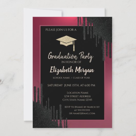 グリッター卒業帽、黒い滴りが赤 招待状 (正面)