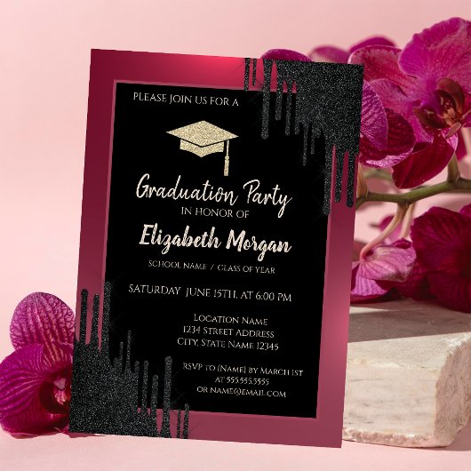 グリッター卒業帽、黒い滴りが赤 招待状