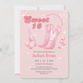 グリッター女性のカーボーイピンクボウブーツスウィート16招待状 招待状 (正面)