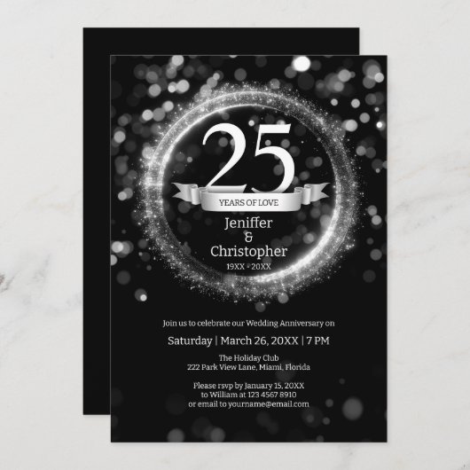 グリッター年名の結婚アニバーサリーブラック 招待状 (正面/裏面)