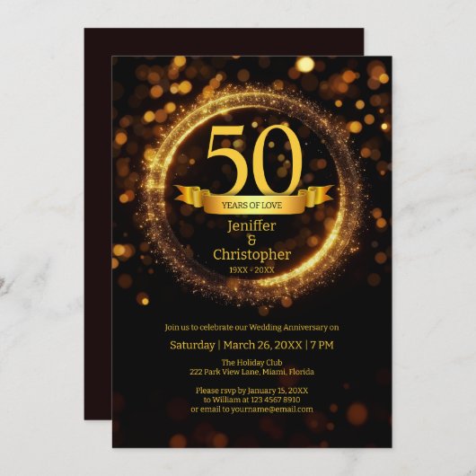 グリッター年名の結婚アニバーサリーブラック 招待状 (正面/裏面)