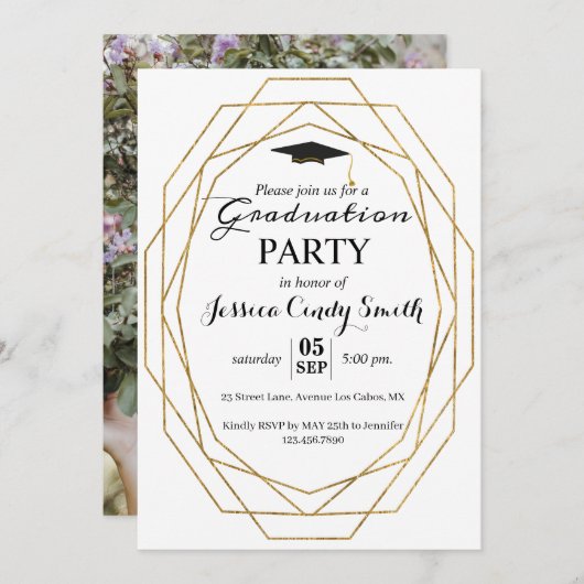 グリッター幾何額写真卒業パーティー 招待状 (正面/裏面)