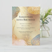 グリッター形状金ゴールド葉銅青色抽象芸術 招待状 (スタンド正面)